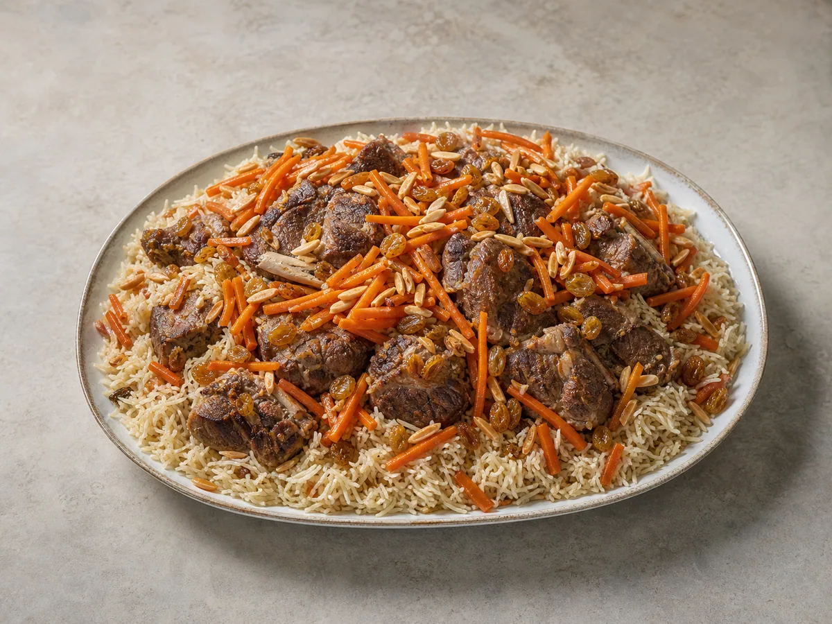 Pulao afegão com cordeiro, cenouras caramelizadas, passas douradas e amêndoas laminadas
