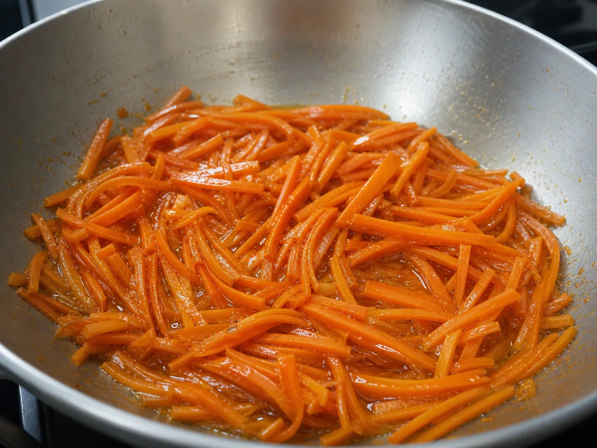 Palitos de cenoura brilhantes e glaceados, mantendo a forma, para kabuli pulao afegão