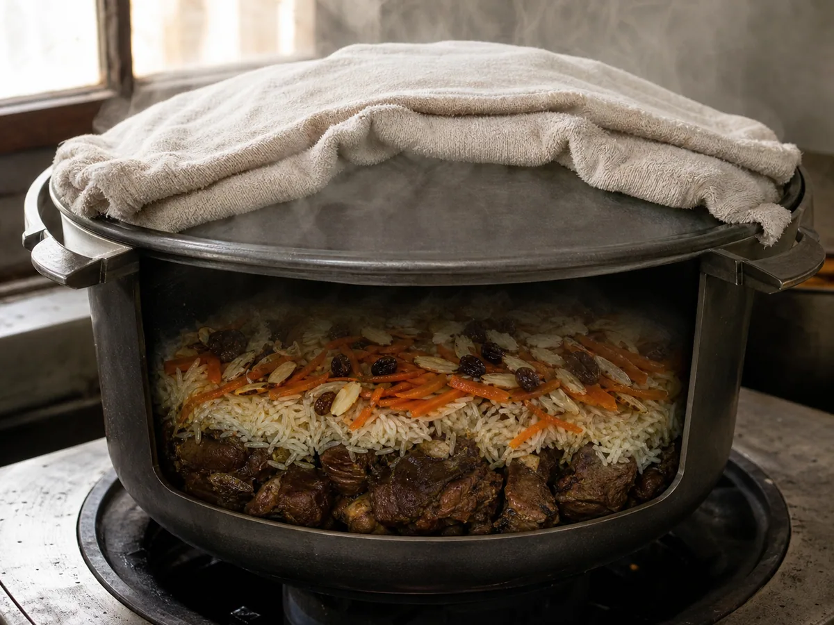 Arroz basmati pré-cozido sobre cordeiro cozido, com canais de vapor espaçados e cobertura de cenoura e passas