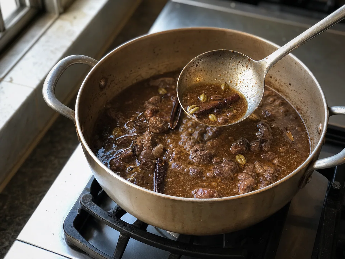Caldo coado e temperado de cordeiro cobrindo levemente uma colher, para kabuli pulao afegão