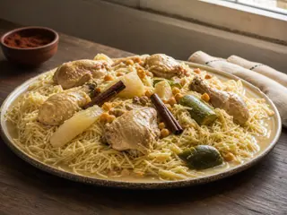 Algerian chicken rechta with fine noodles, chickpeas, turnips, and zucchini
