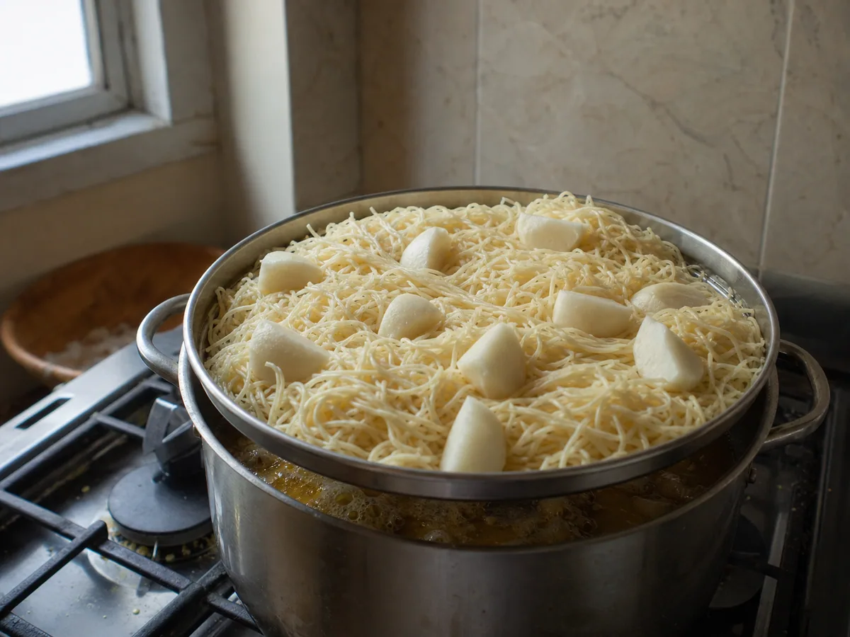 Macarrão rechta seco na superfície, disposto frouxamente com canais de vapor abertos em um vaporizador