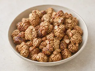 Trozos crujientes de granola con almendra y dátil en un tazón bajo de cerámica