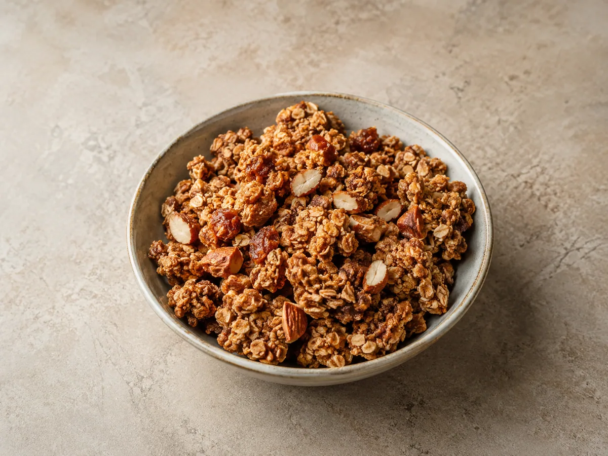 Crisp almond date granola clusters in a shallow ceramic bowl