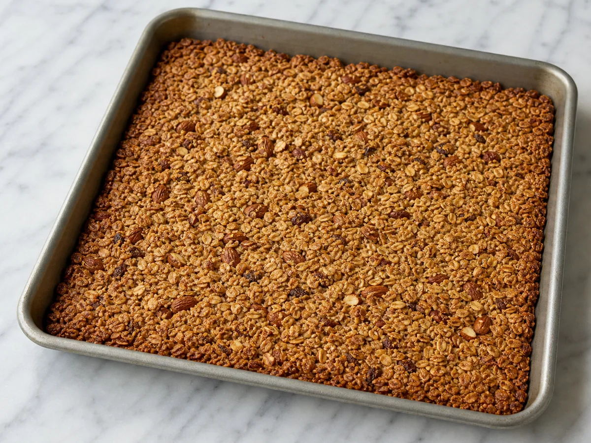 Lámina dorada y seca de granola con almendra y dátil al final del horneado, con trozos de almendra tostados