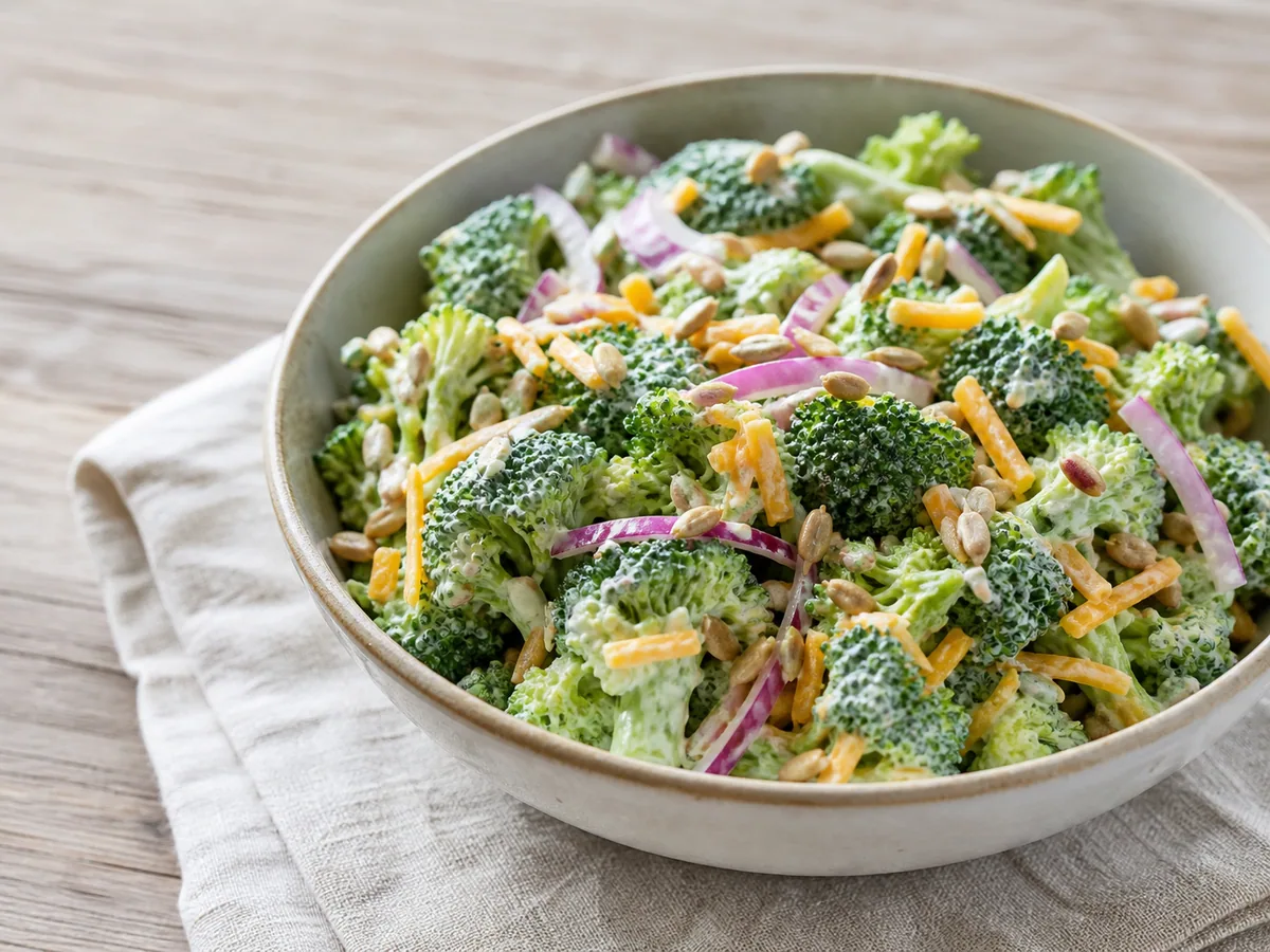 Bowl of creamy broccoli salad with raisins, cheddar, red onion, and sunflower seeds