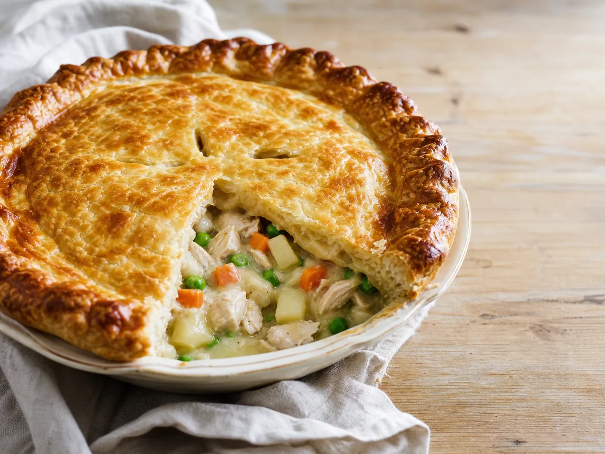 Torta americana de frango com legumes-raiz e cobertura dourada de massa folhada em uma assadeira de cerâmica