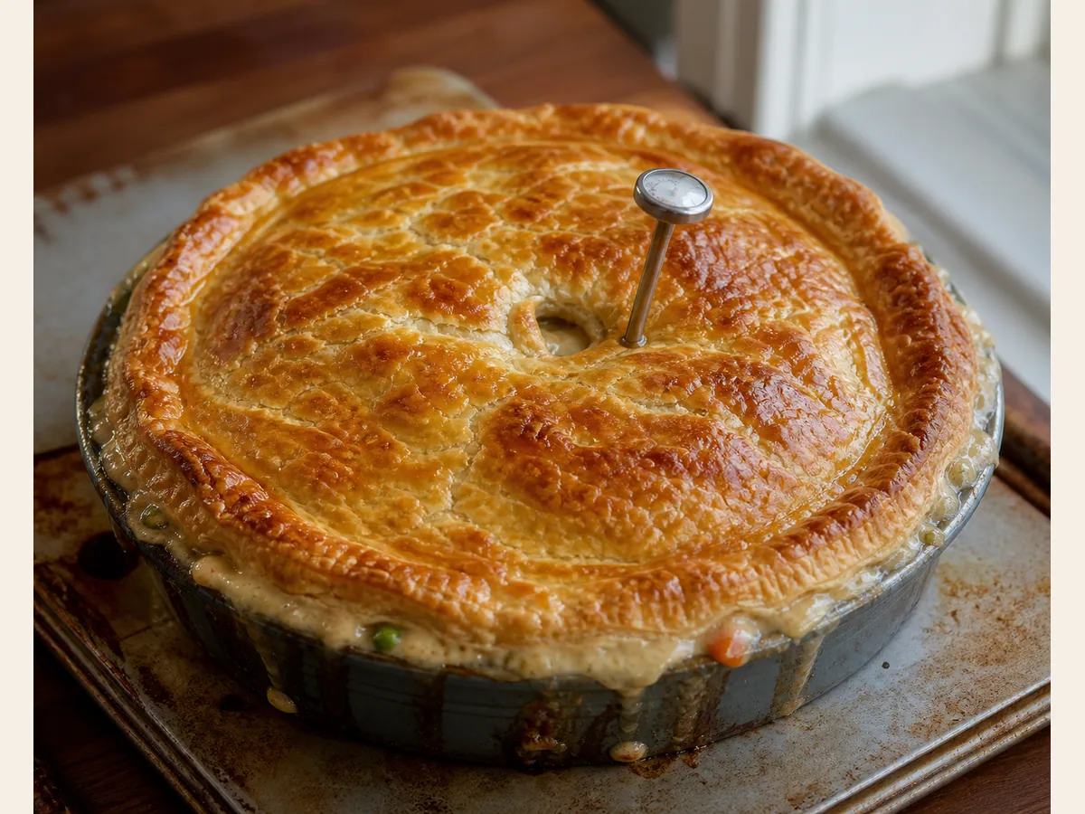 Deeply golden puffed chicken pot pie bubbling at the edges on a rimmed sheet pan
