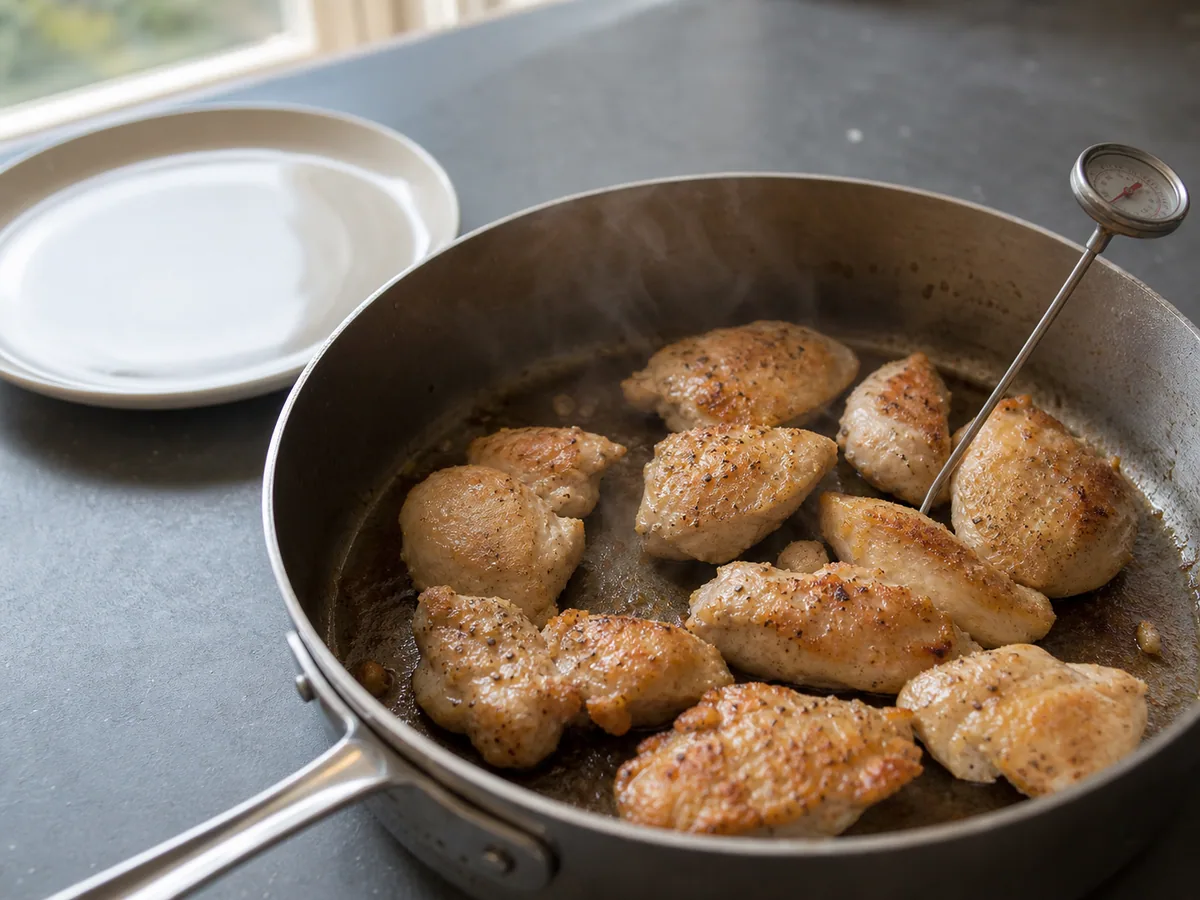 Fully cooked browned chicken thigh pieces in a deep skillet before transfer
