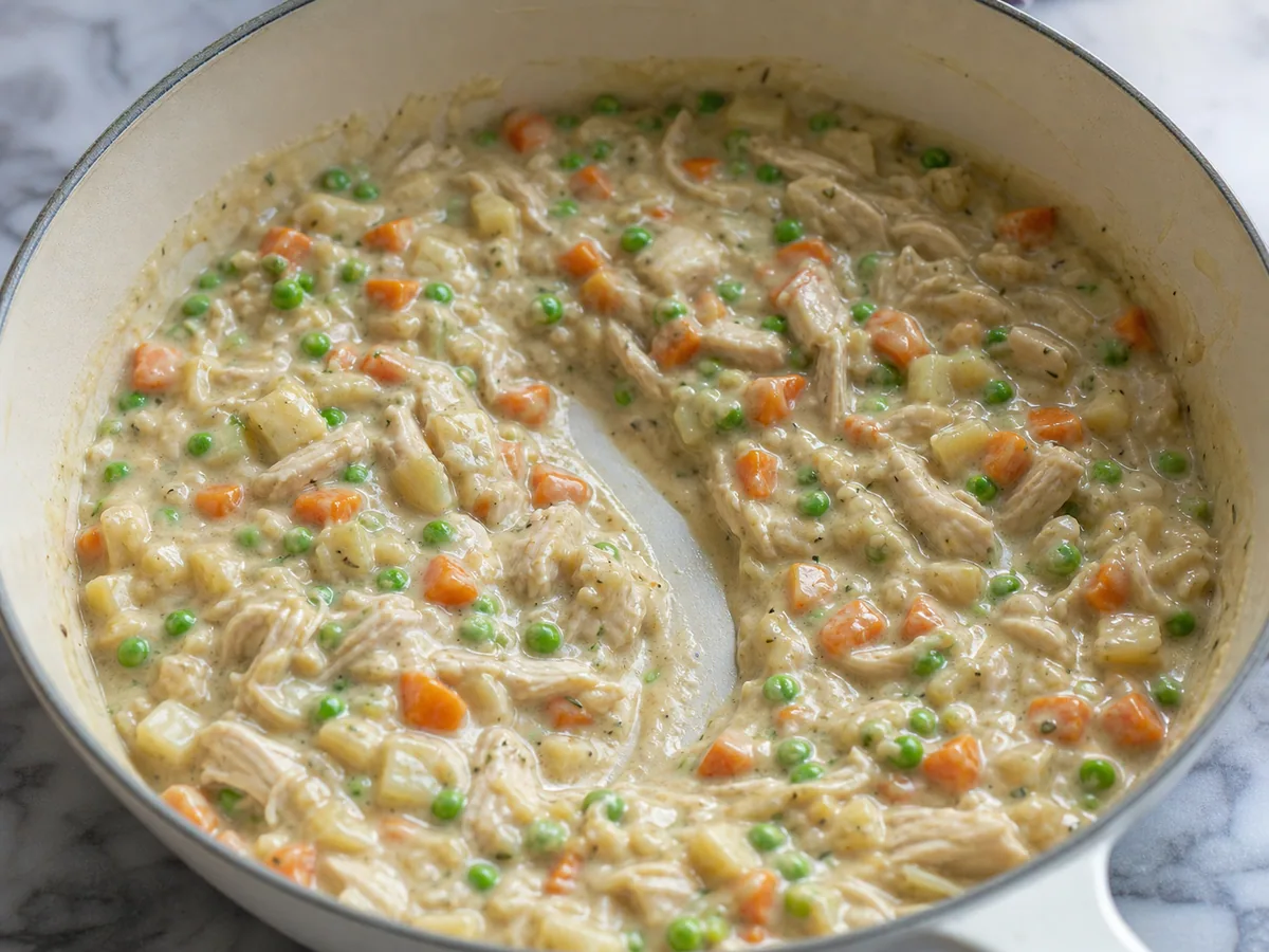 Thick chicken and root vegetable pot pie filling in a skillet before assembly