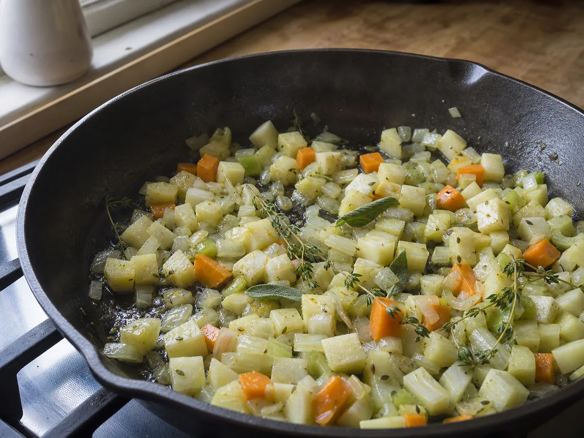 Evenly cut root vegetables and translucent onion beginning to soften in the skillet