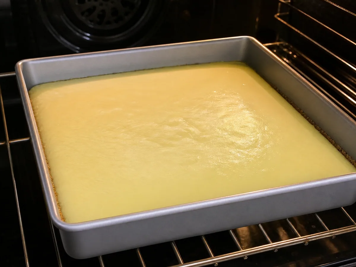 Fully baked American Key Lime Bars filling set in a parchment-lined square pan
