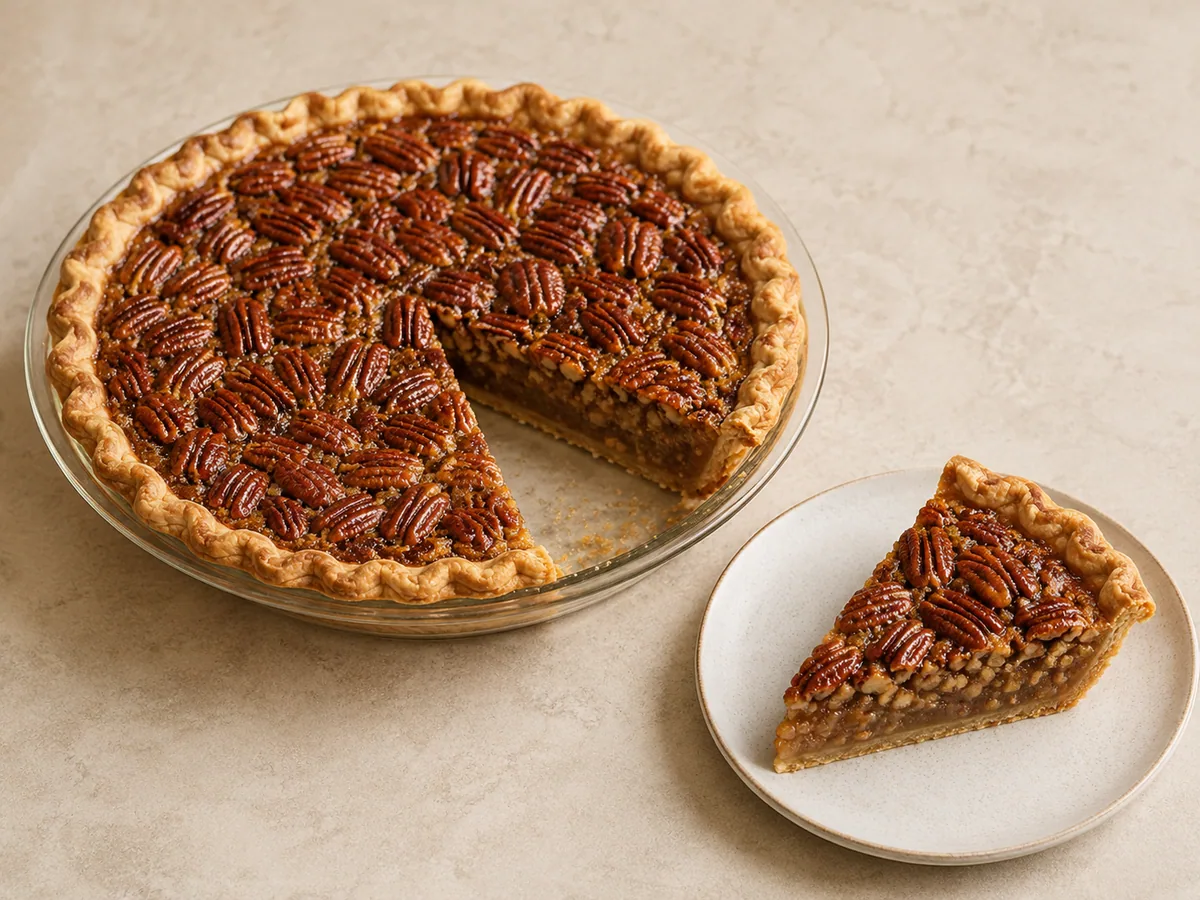 Whole American pecan pie with a glossy toasted pecan top and one neat slice removed