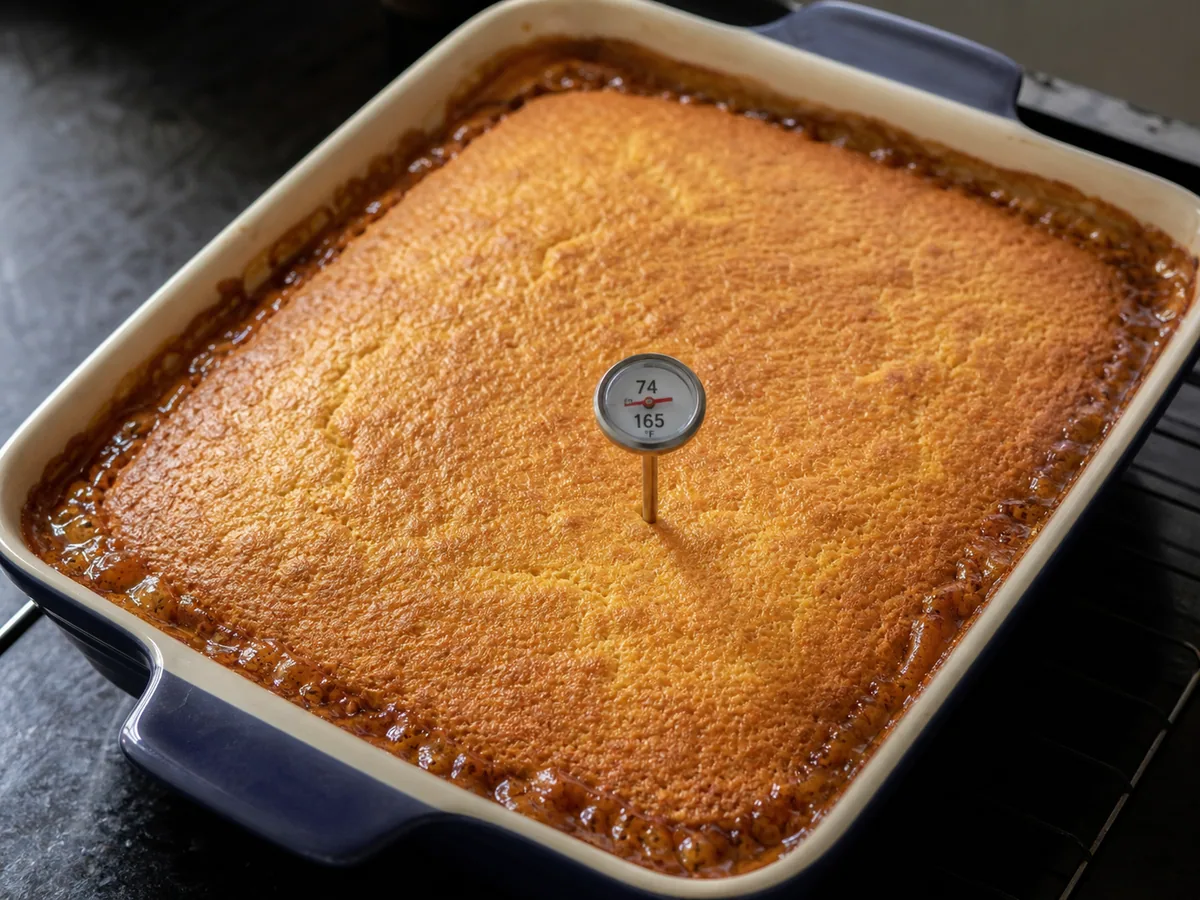 Golden pulled pork cornbread casserole being checked for doneness in its baking dish