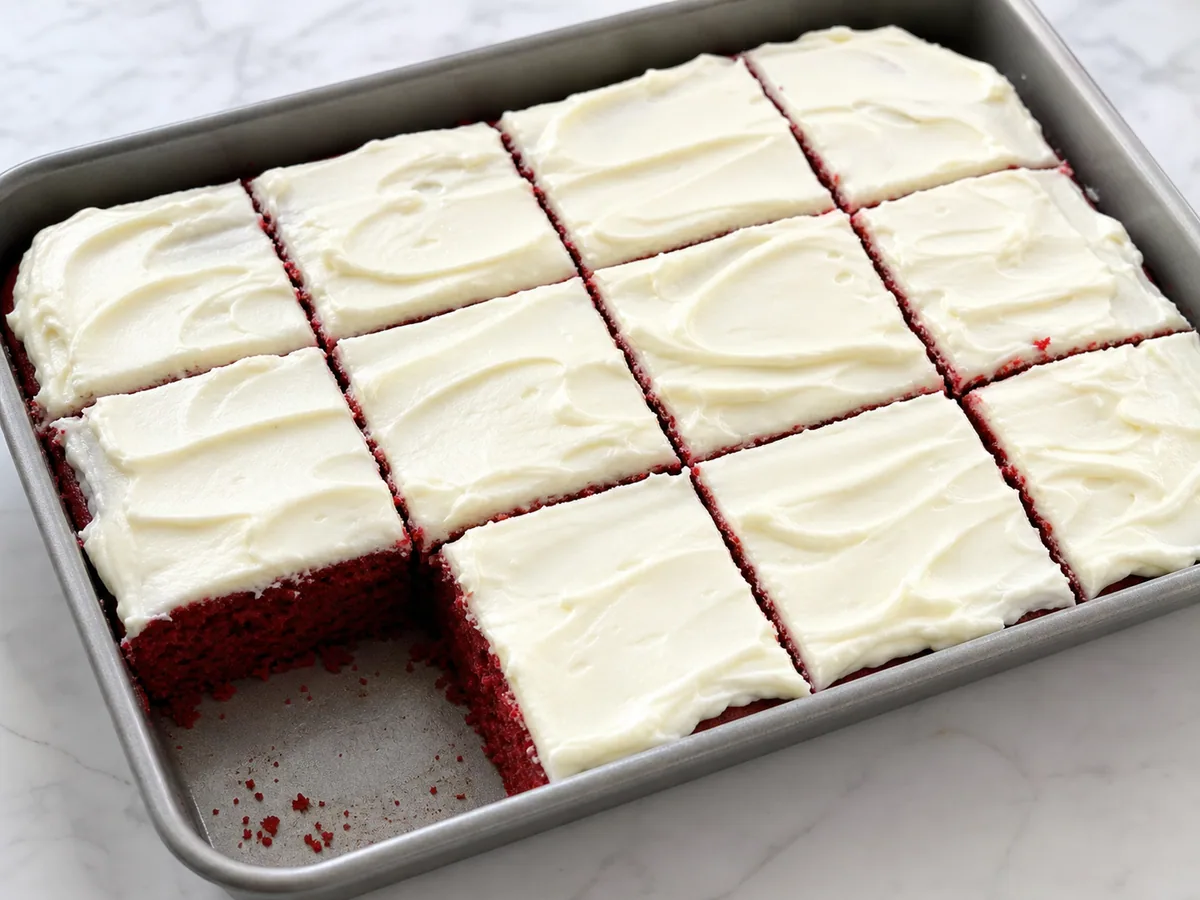 Square of American red velvet sheet cake with cream cheese frosting