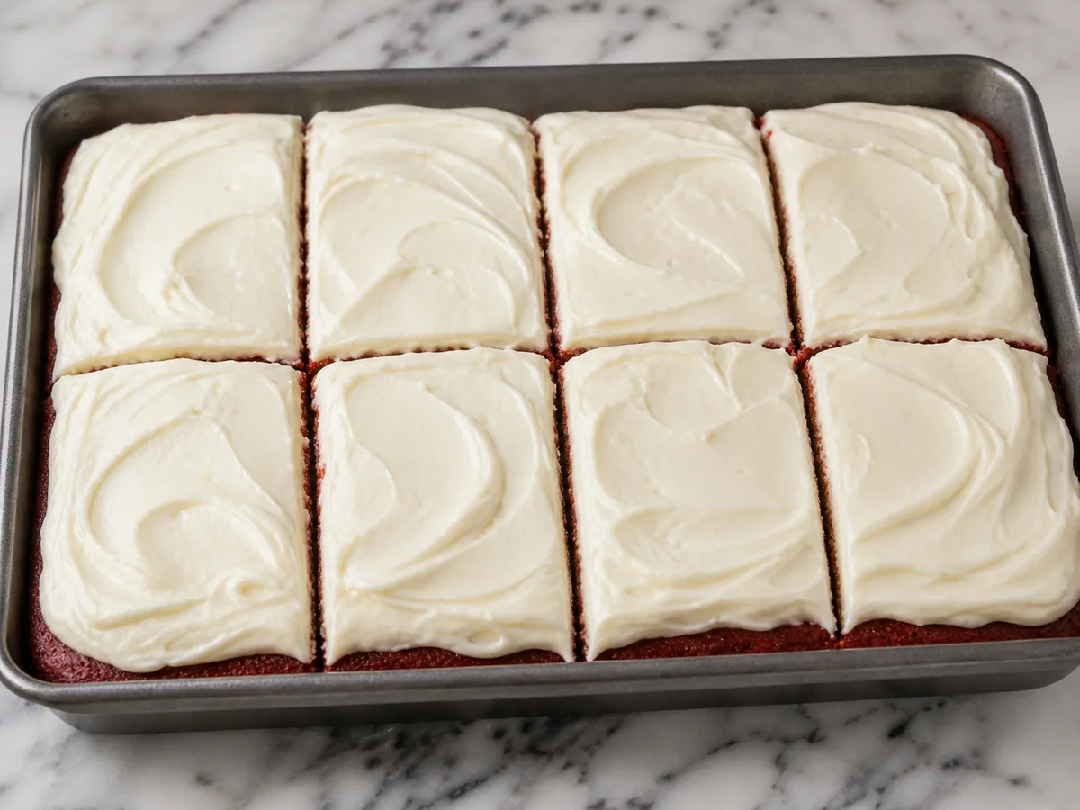 American red velvet sheet cake covered with cream cheese frosting in the baking pan
