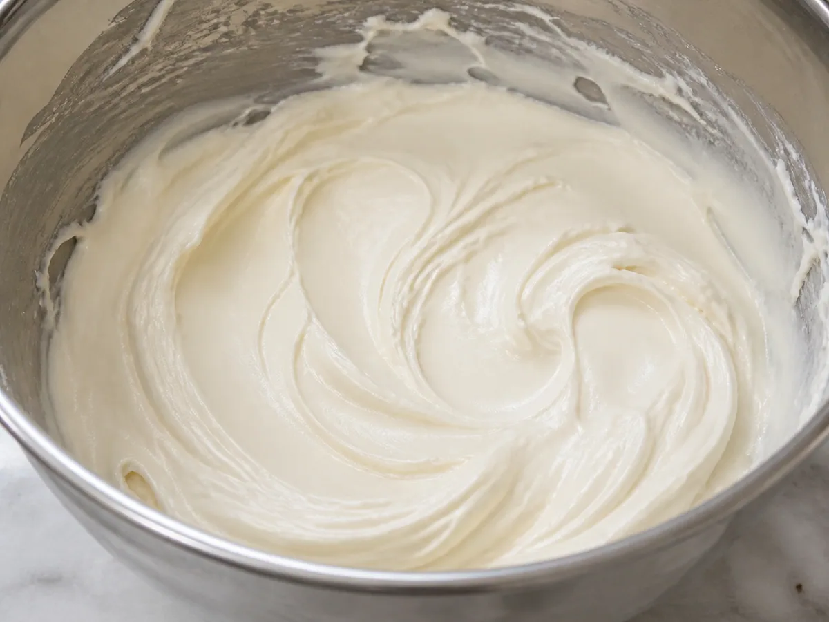Smooth cream cheese frosting for American red velvet sheet cake holding soft spatula ridges