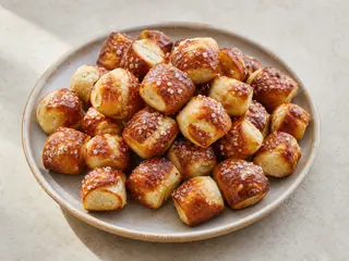 Tazón de bocados de pretzel suave estadounidenses dorados, con sal gruesa y mostaza