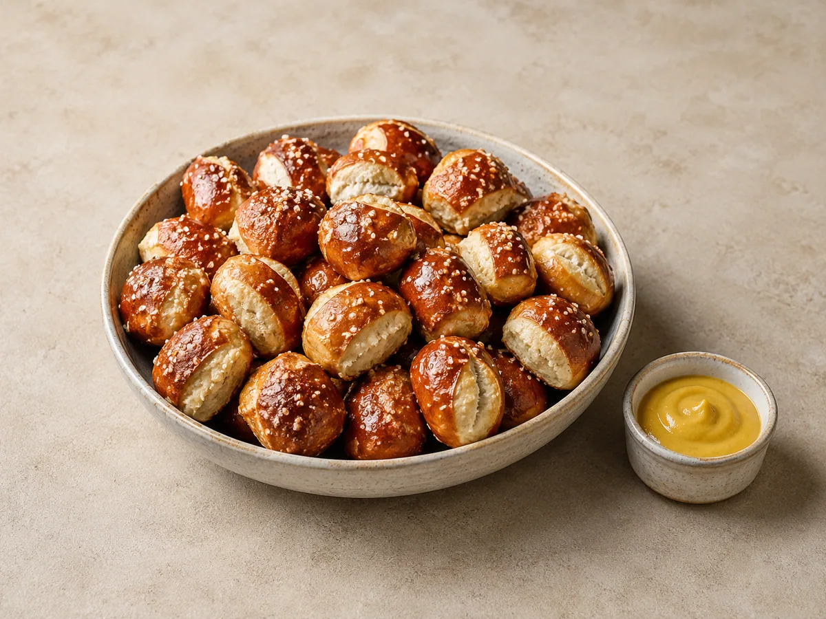 Bowl of golden-brown American soft pretzel bites with coarse salt and mustard