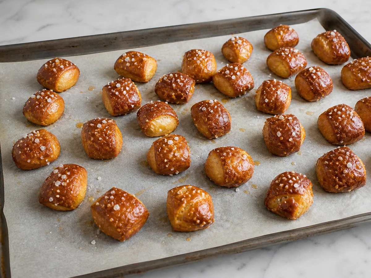 Bocados de pretzel assados dourados-escuros com bases firmes na assadeira