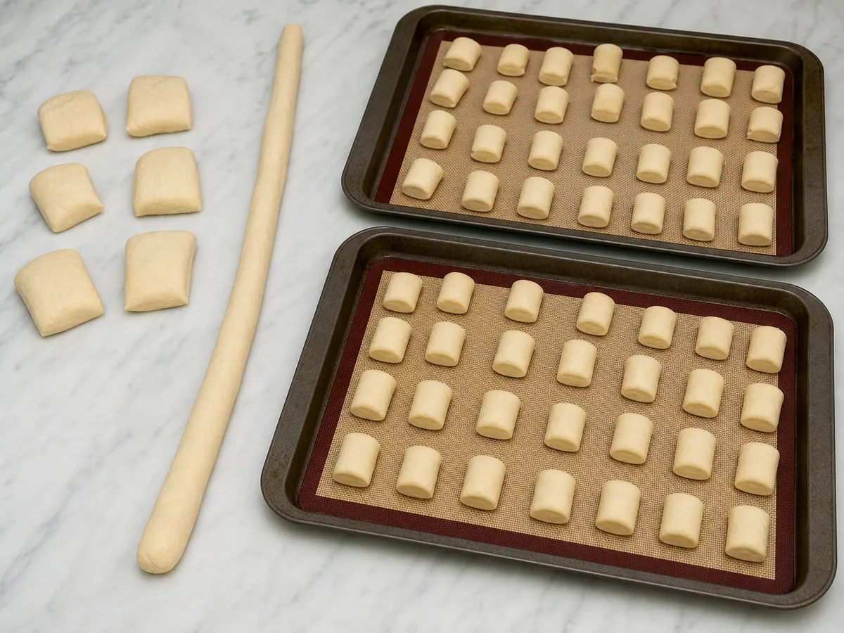 Raw pretzel dough ropes and 3 cm cut pieces arranged on silicone-lined baking sheets before the baking-soda bath