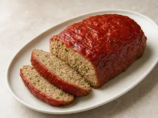 Pastel de carne de pavo rebanado con glaseado de tomate brillante en una fuente de cerámica