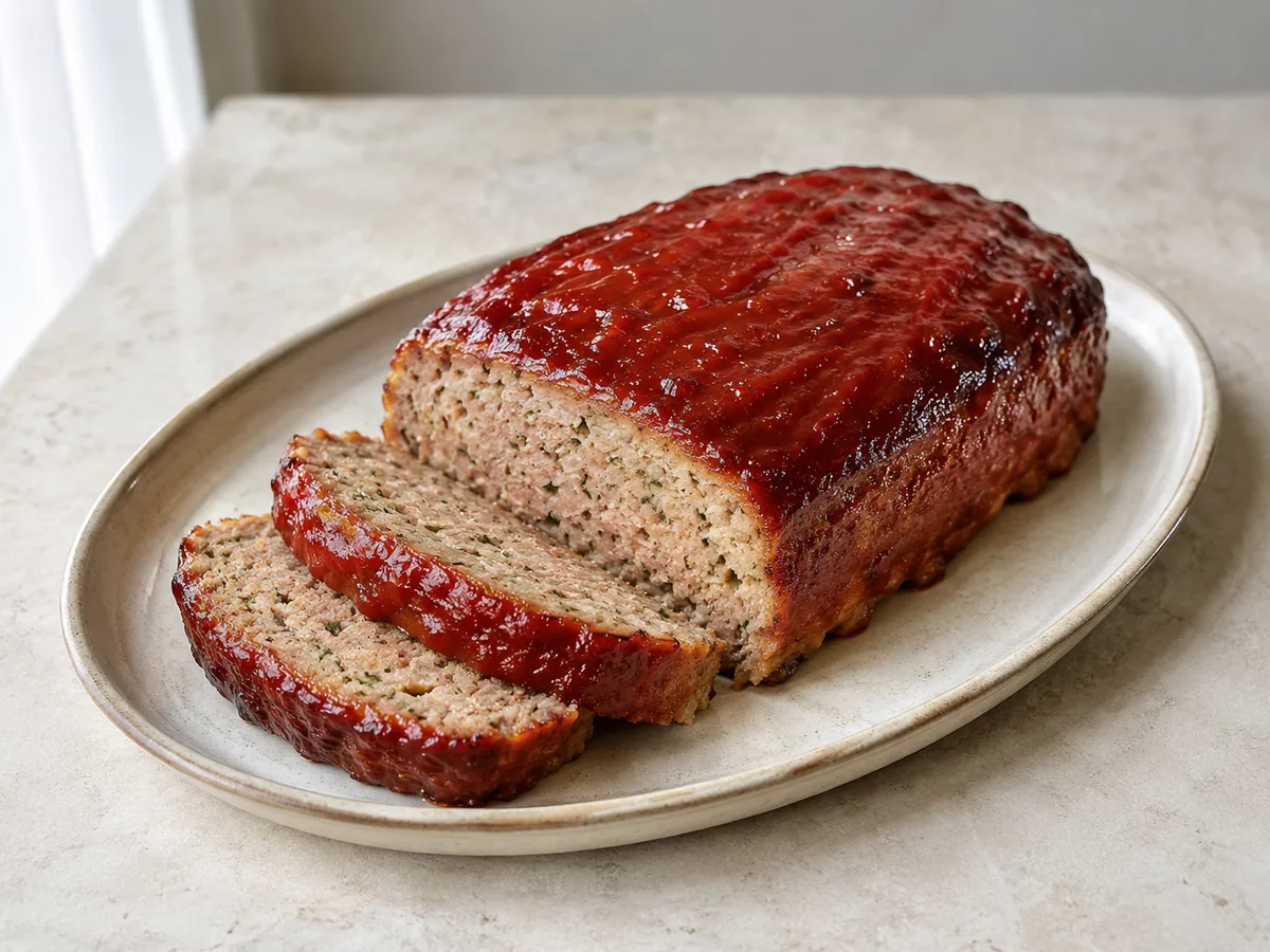 Pastel de carne de pavo en rebanadas con brillante glaseado de tomate sobre una fuente de cerámica