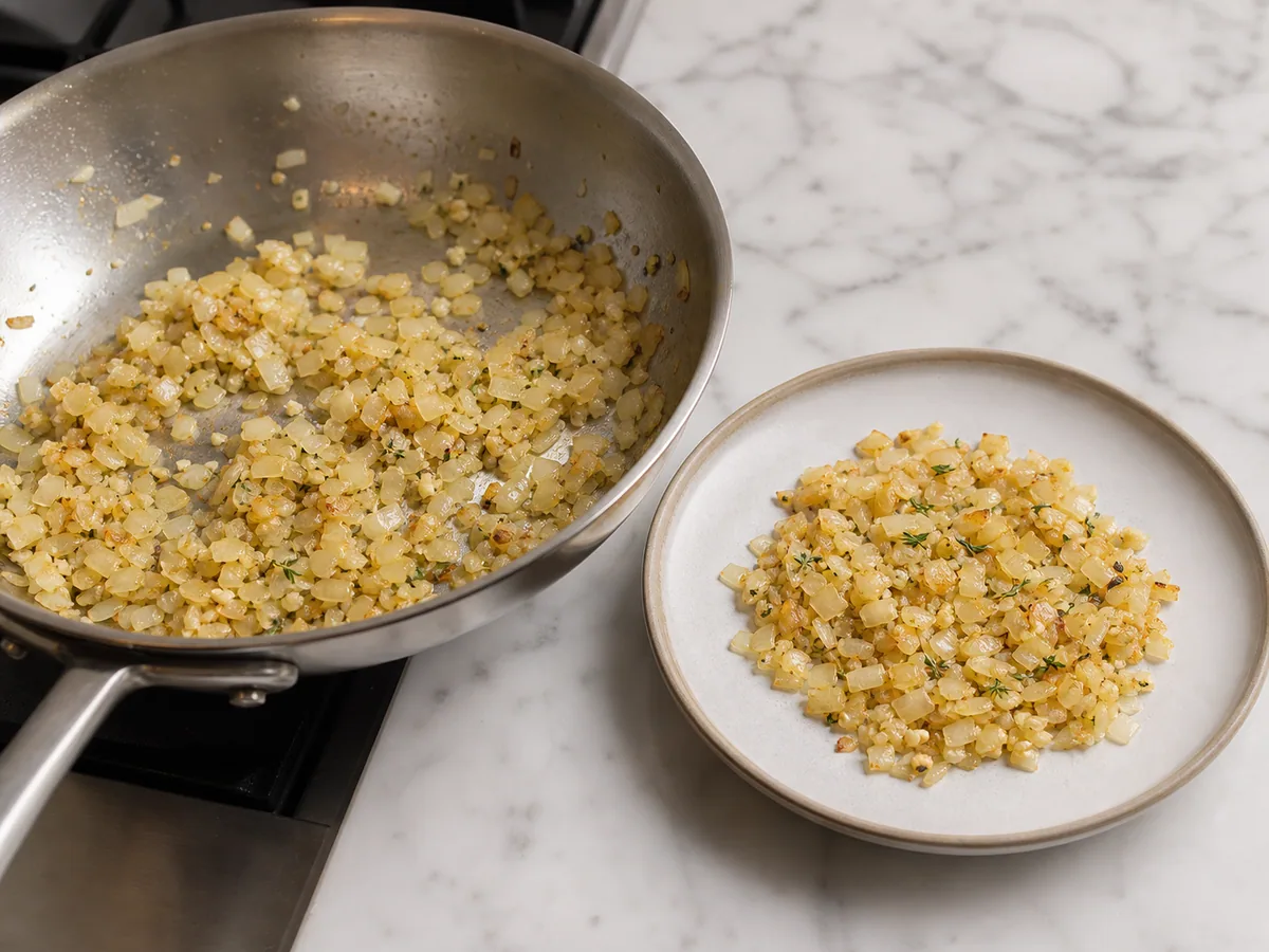 Cebolla y aromáticos suavizados durante la preparación