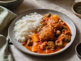 Muamba angoleña de pollo con okra y calabaza en salsa roja de palma