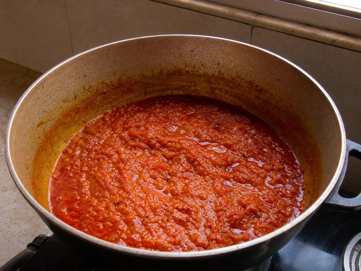 Base espessa vermelho-alaranjada de tomate e dendê em uma panela pesada