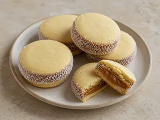Alfajores argentinos rellenos de dulce de leche y con bordes de coco
