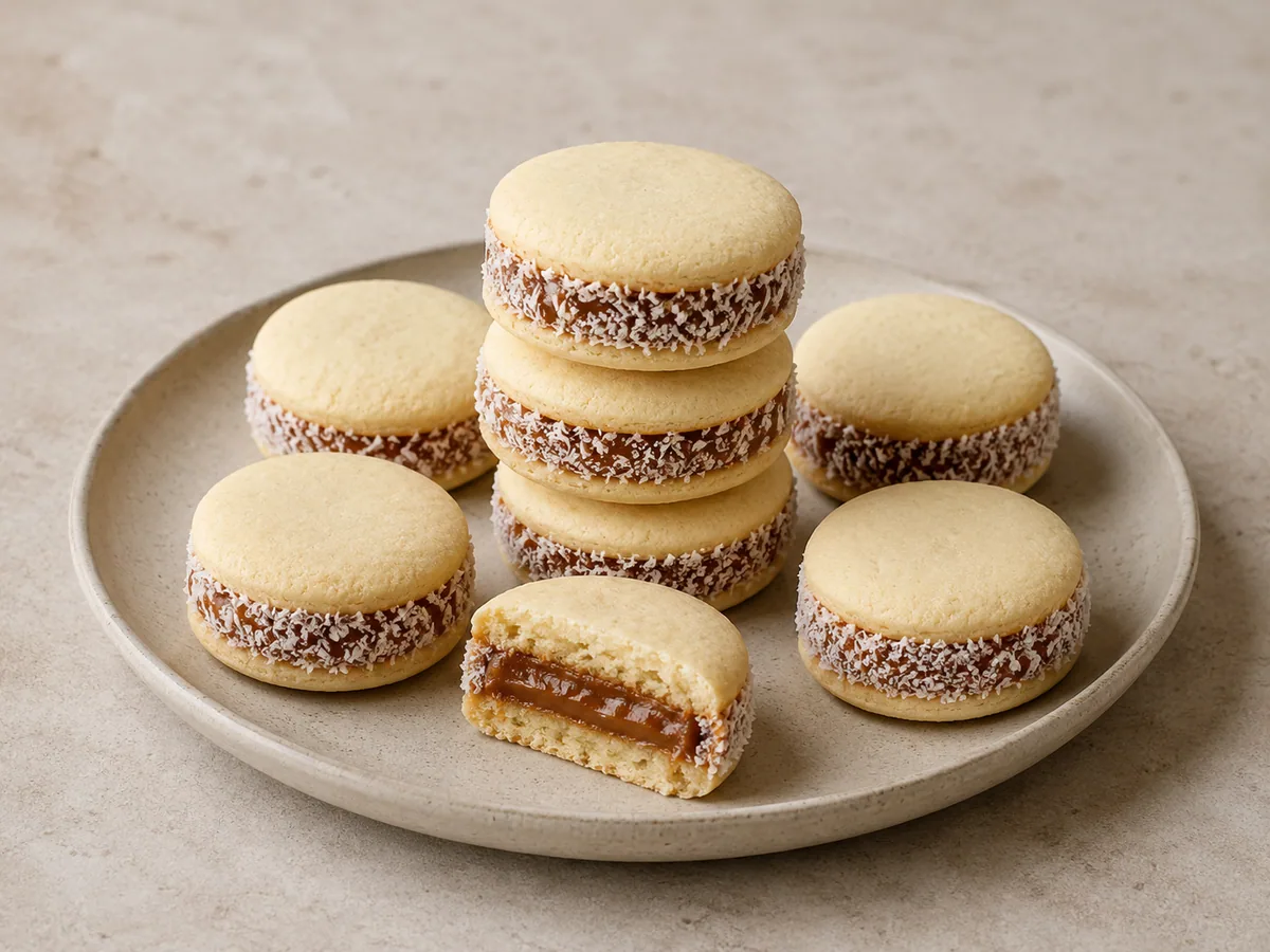 Argentine alfajores filled with dulce de leche and edged with coconut