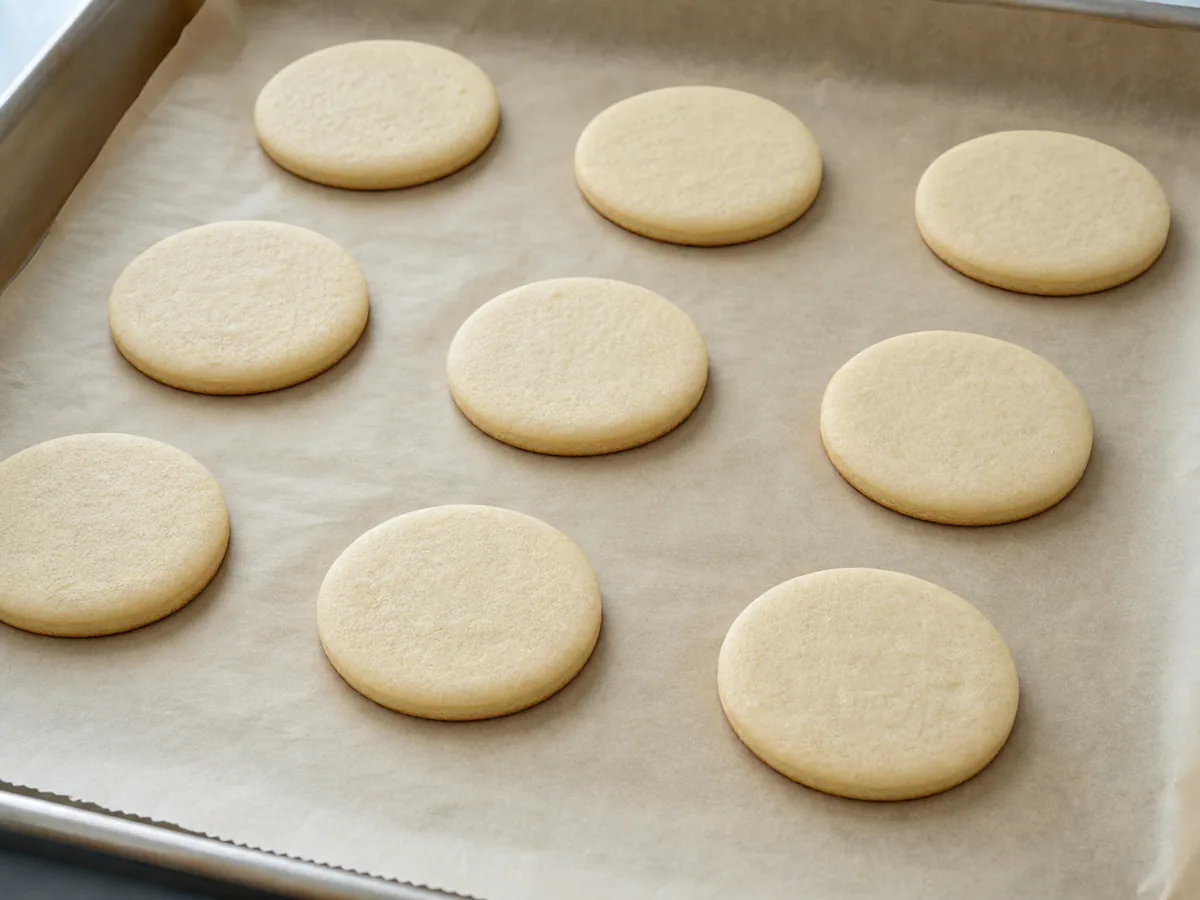 Discos pálidos de galleta de alfajor, completamente horneados, con superficies secas y bordes inferiores de tono marfil dorado sobre una beeja forrada con papel para hornear