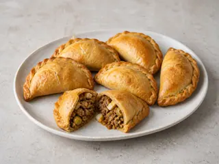 Empanadas argentinas doradas de carne y aceitunas, una empanada abierta para mostrar el relleno