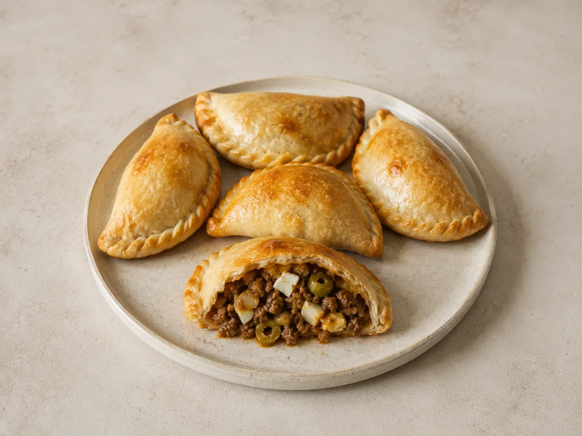 Empanadas argentinas douradas de carne e azeitonas, com uma aberta mostrando o recheio