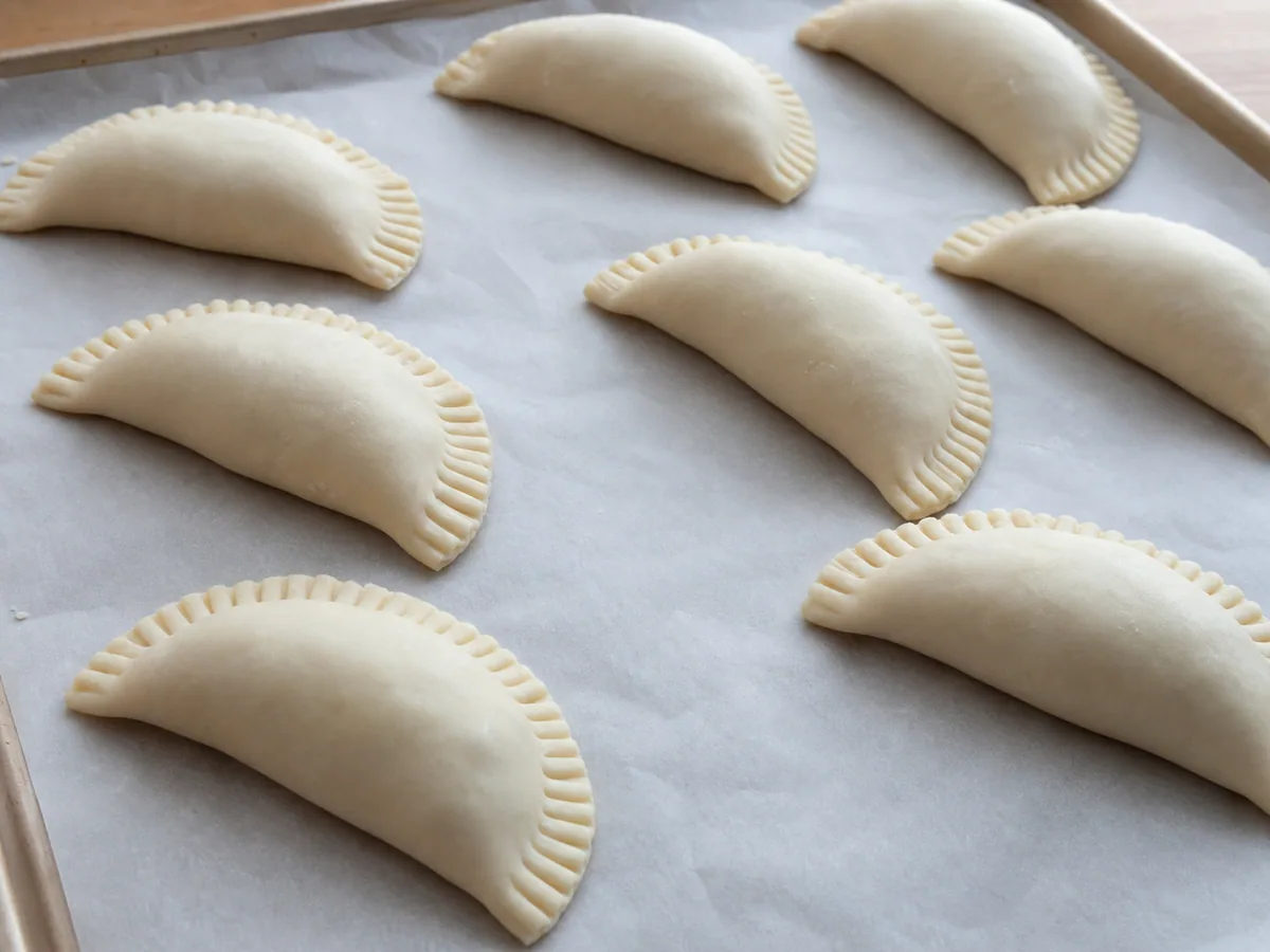 Empanada fechada com repulgue torcido ao lado de outras ainda cruas