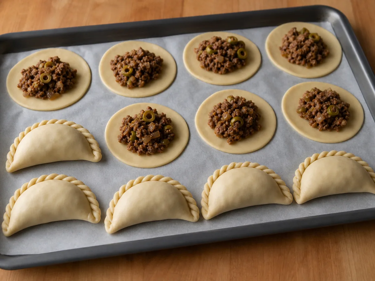 Recheio e fechamento das empanadas durante o preparo