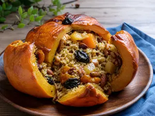 Armenian ghapama opened into pumpkin wedges around jeweled rice and dried fruit