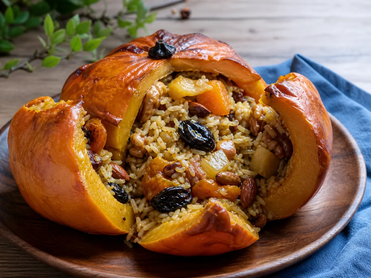 Ghapama armênia aberta em gomos de abóbora ao redor de arroz com frutas secas