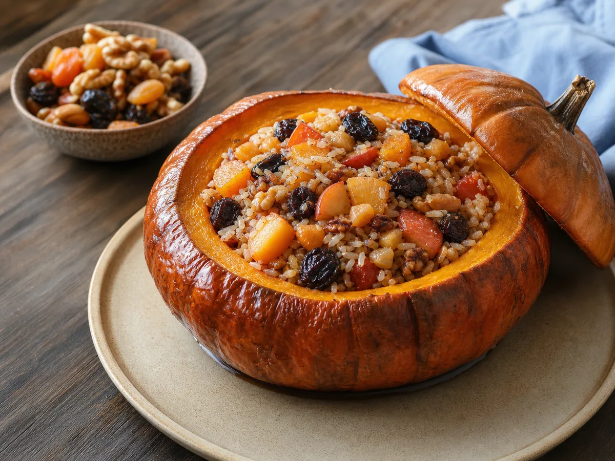 Recheio solto de arroz para ghapama, com frutas brilhantes e castanhas tostadas