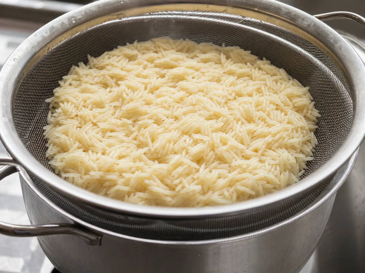 Arroz pré-cozido escorrido, com grãos flexíveis e centros opacos e firmes