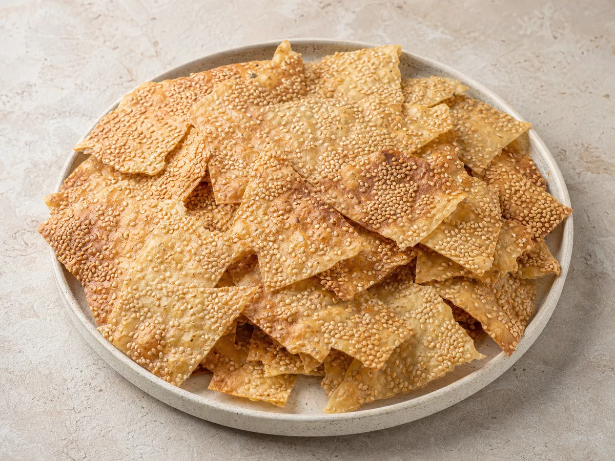 Fragmentos dorados de galleta de lavash con sésamo apilados en una fuente sencilla de cerámica