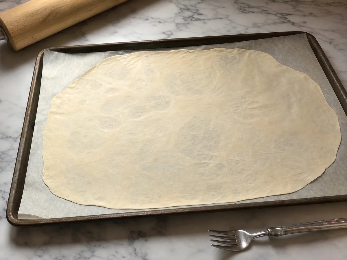 Massa de lavash simples, aberta quase transparente sobre papel-manteiga antes da cobertura