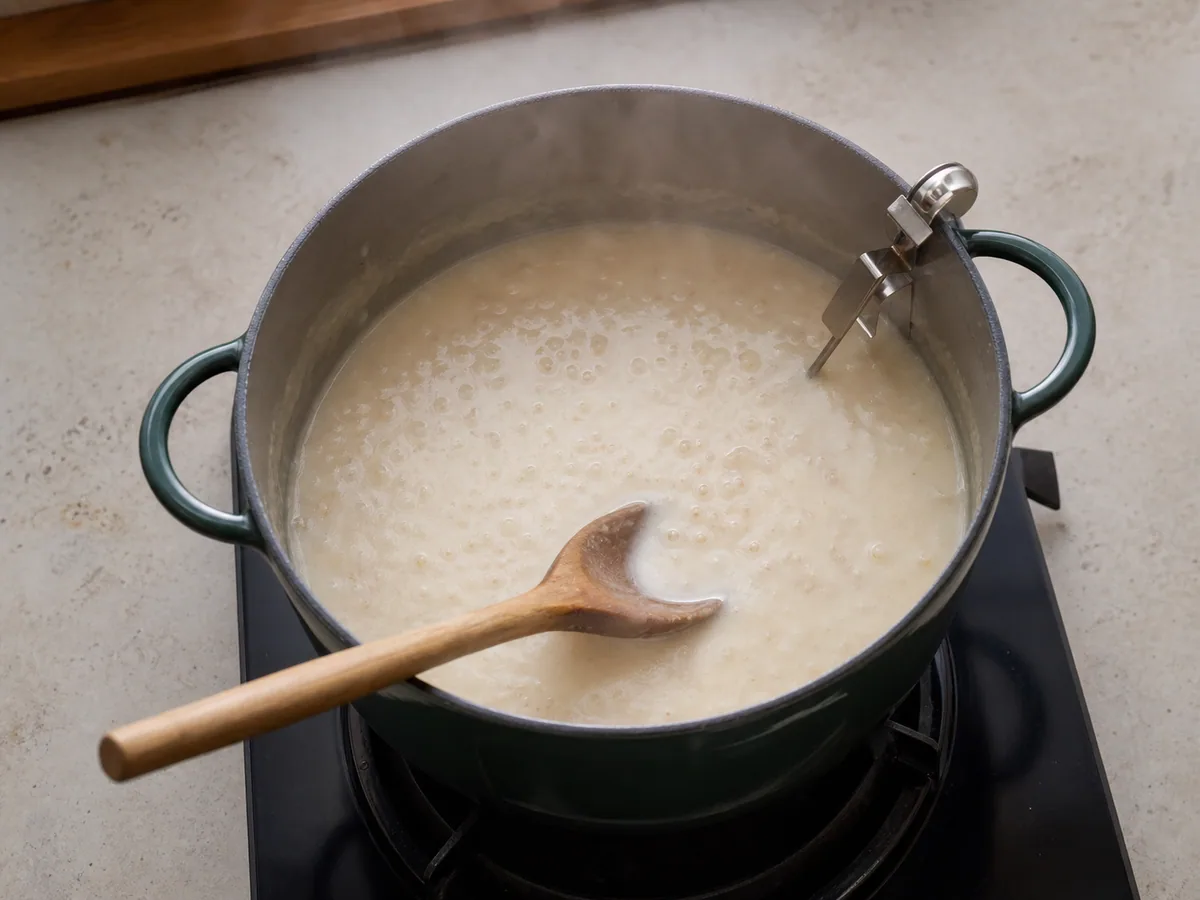 Sopa armênia spas lisa aquecendo delicadamente, com cevada macia e termômetro culinário