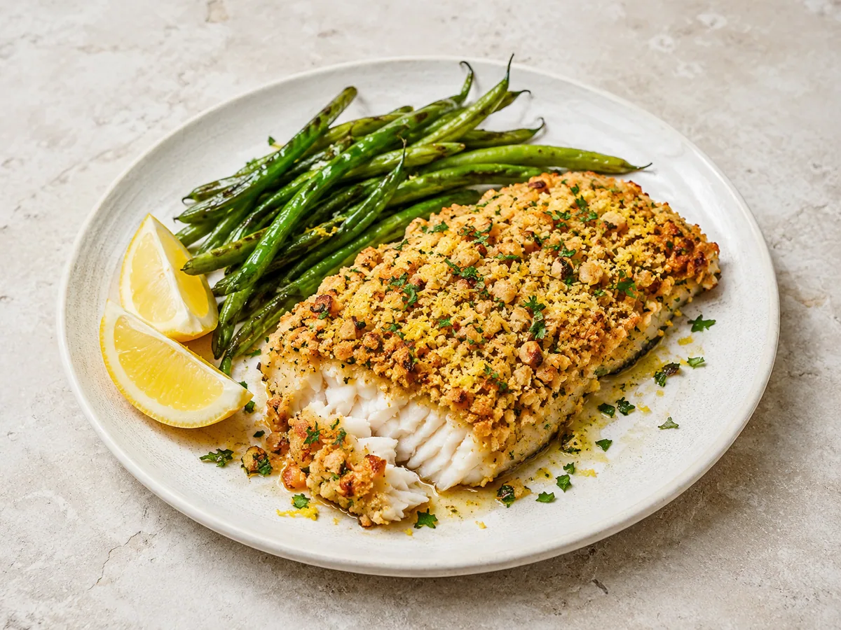 Macadamia-crusted barramundi with roasted green beans and lemon wedges