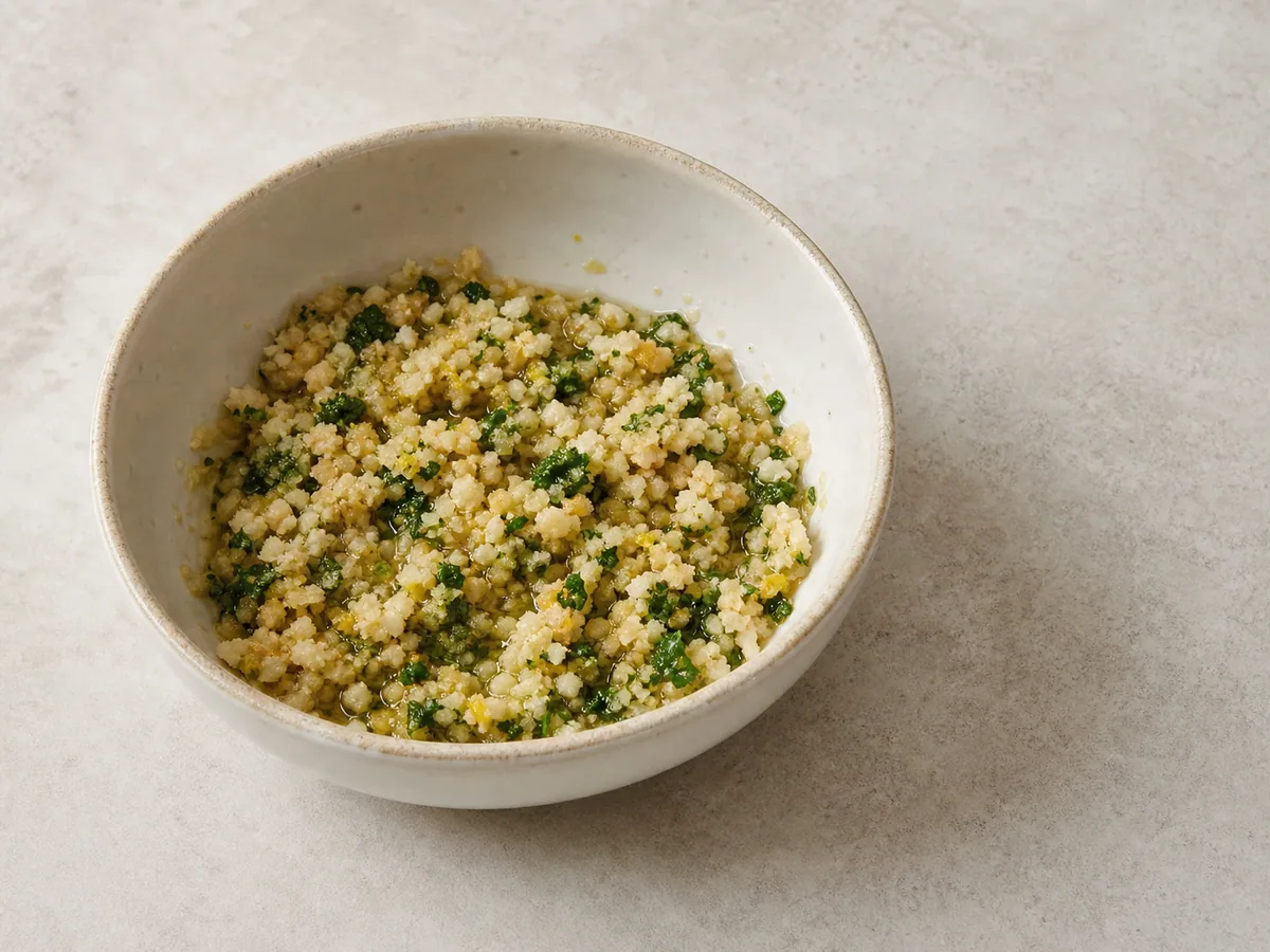 Mezcla de costra gruesa de macadamias, panko, perejil y limón en un tazón