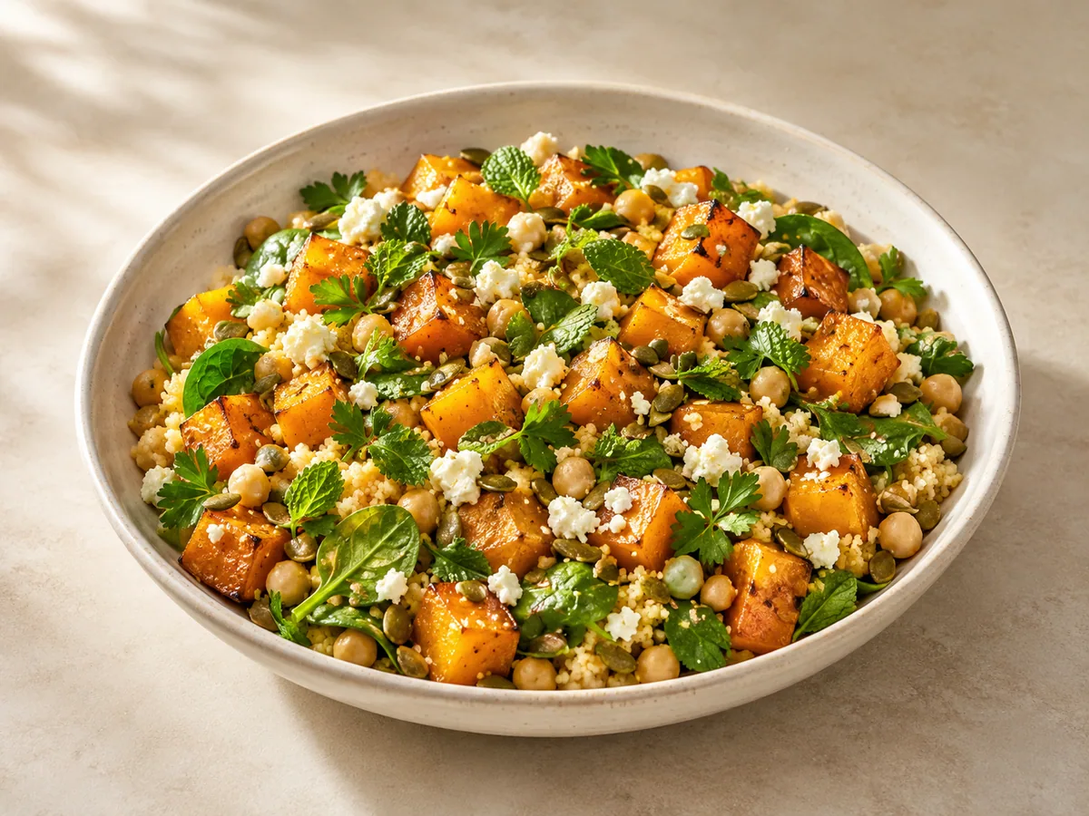 Australian pumpkin couscous salad with feta, chickpeas, spinach, herbs, and pepitas