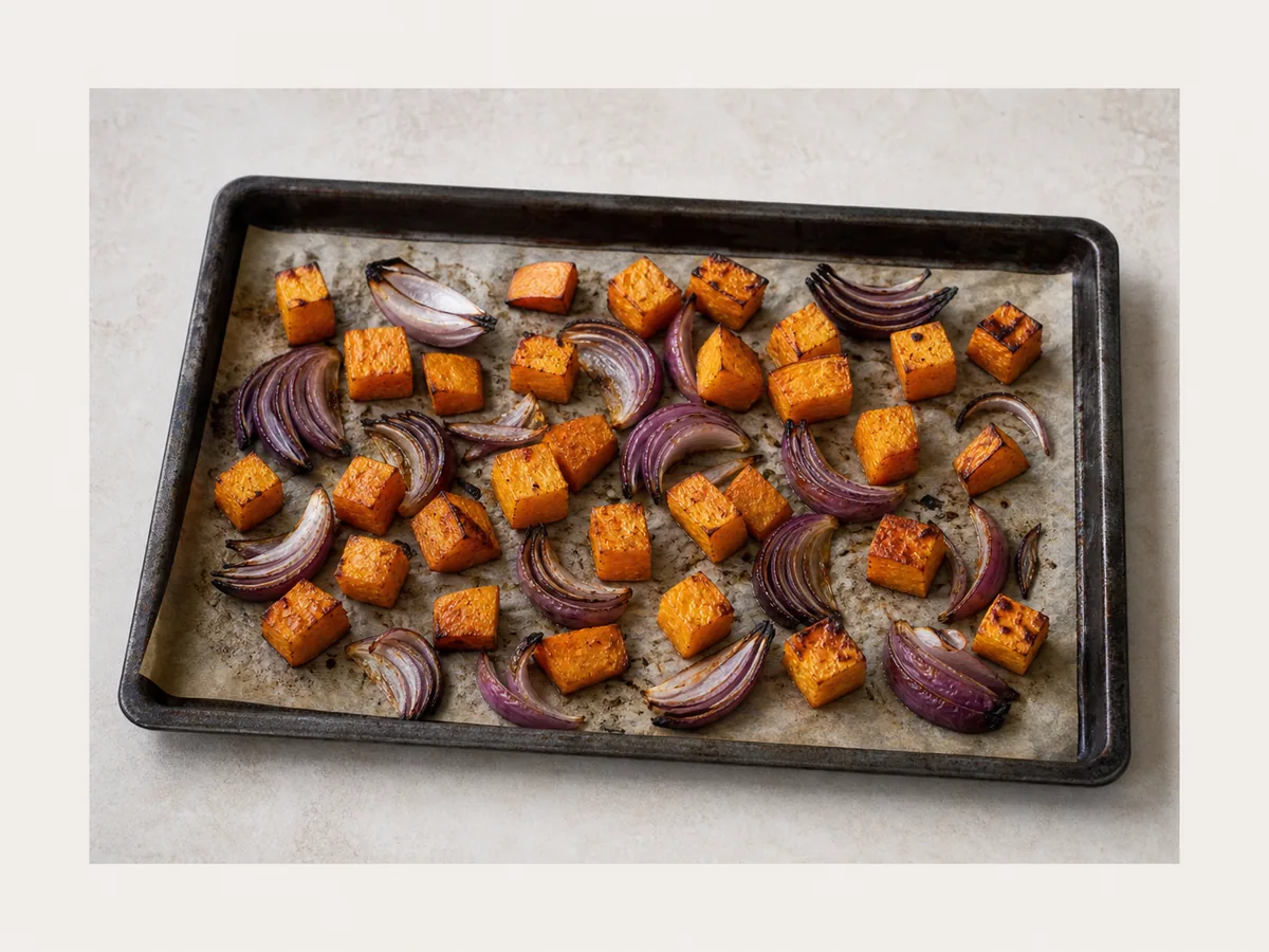 Roast the pumpkin and onion during preparation