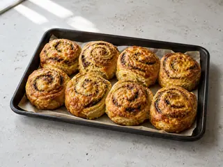 Rollitos tibios de desayuno con Vegemite y cheddar, con queso dorado por encima