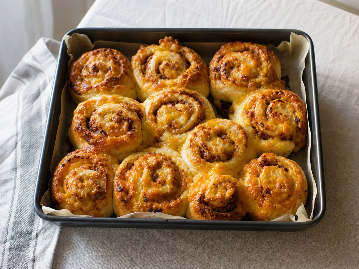 Fully baked Vegemite cheddar breakfast scrolls with risen centres and deeply golden cheese edges